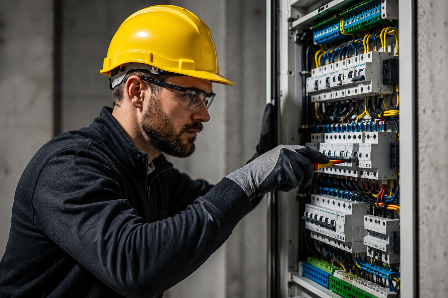 Elektryk podczas pracy przy rozdzielnicy elektrycznej