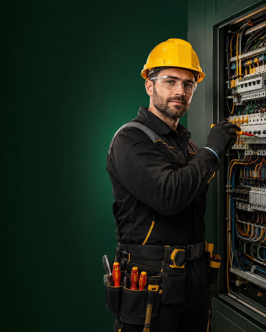 Elektryk w kasku pracujący przy rozdzielnicy elektrycznej