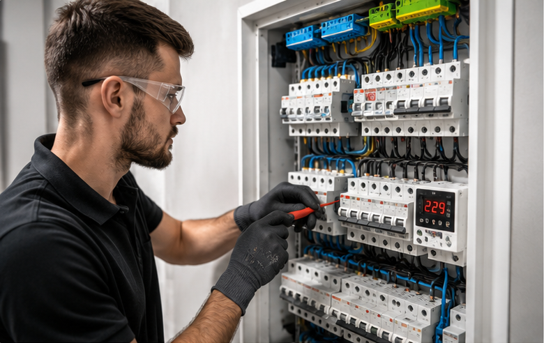 Elektryk pracujący przy rozdzielni elektrycznej