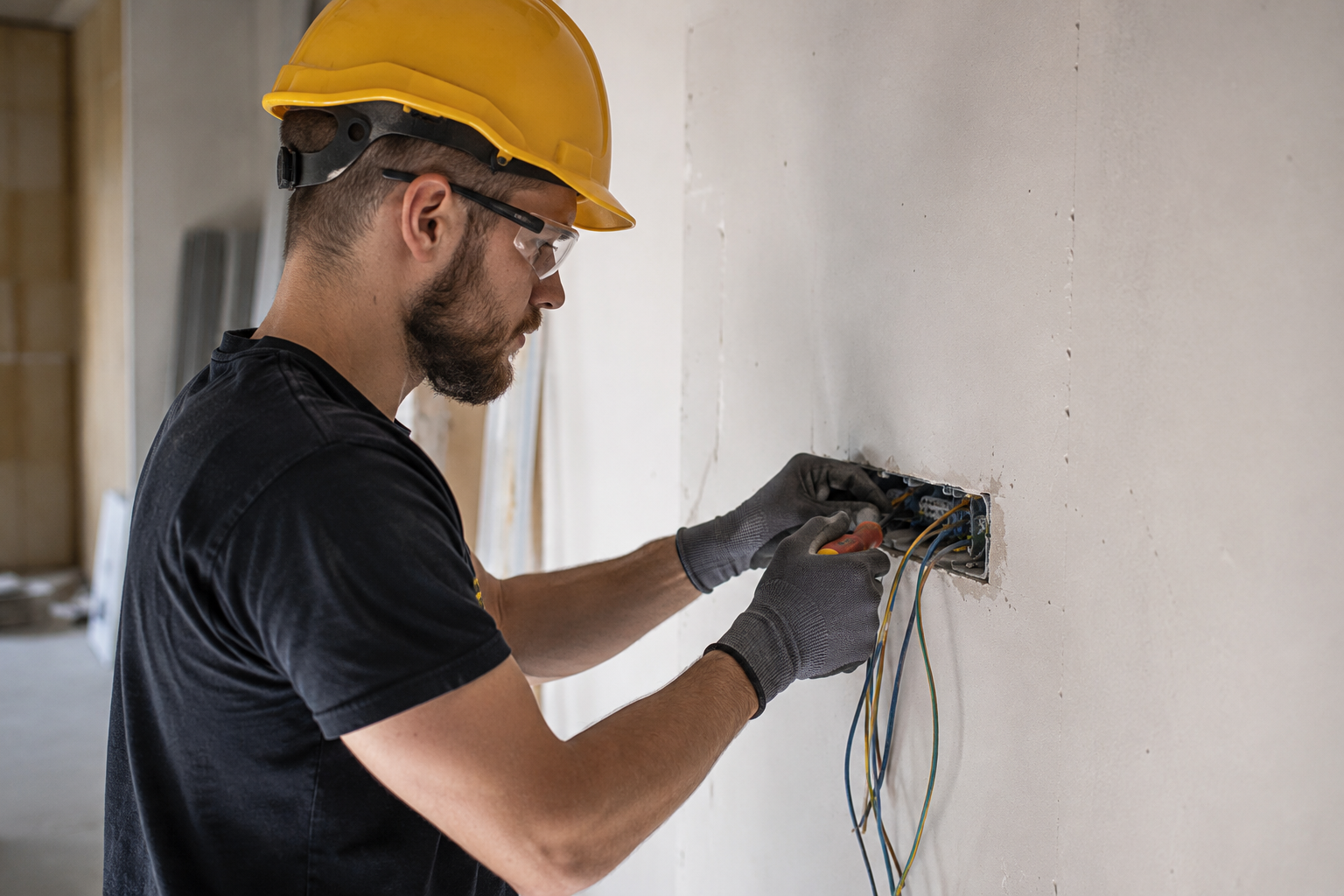 Elektryk montujący przewody instalacji elektrycznej w ścianie